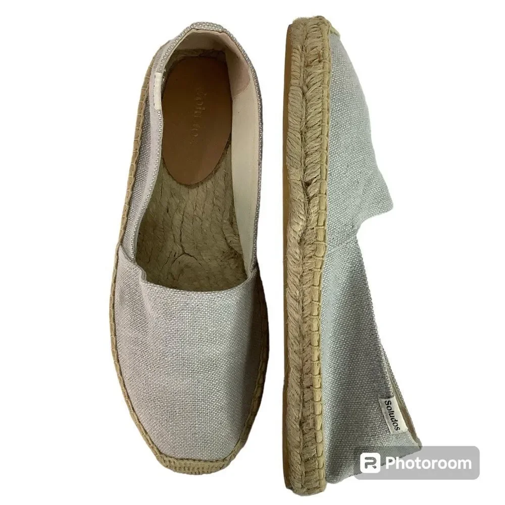 Soludos Almond Toe Platform Espadrille Slip On Gray Textile Canvas Women Sz 8.5